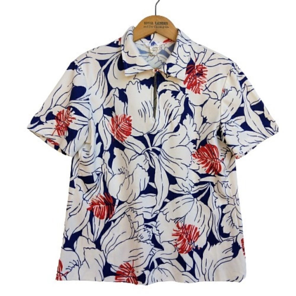 Vintage 60s Mardi Modes Short Sleeve Hawaiian Shirt Top Size M White Tropical